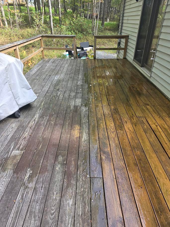 Weathered wood deck before power washing