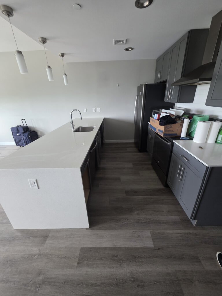 Clean kitchen island and cabinets